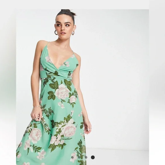 ASOS design cami wrap midi dress with lace up back in sage floral - Picture 3 of 12